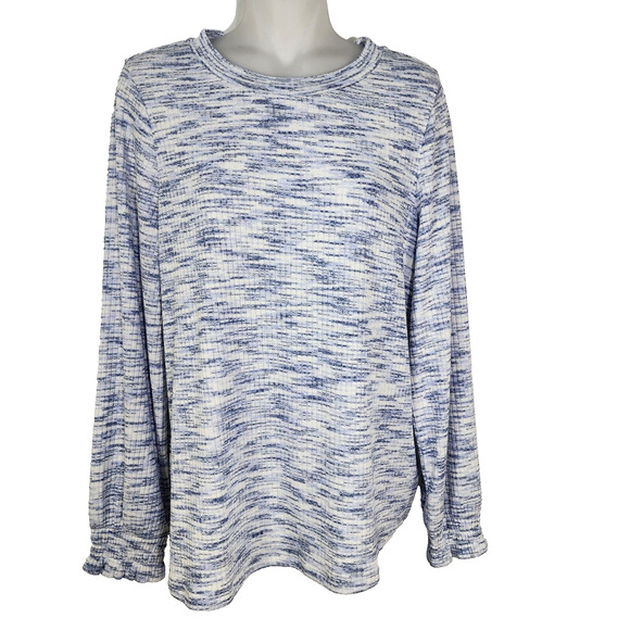 Soft Surroundings Top Women Medium Evie Blue Space Dye Long Smocked Sleeves Knit - Picture 1 of 9